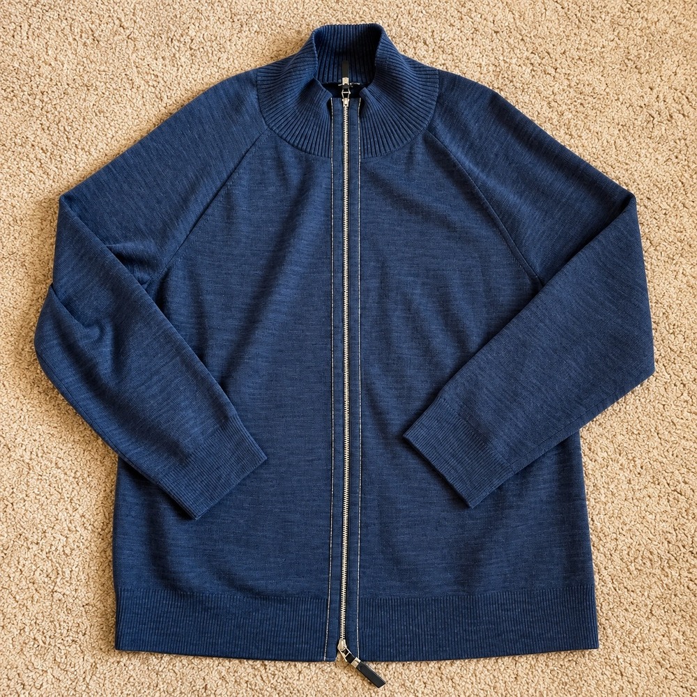 Lafayette 148 New York Blue Wool Blend Zip Cardigan Sweater XL Raglan Sleeve - Picture 2 of 7